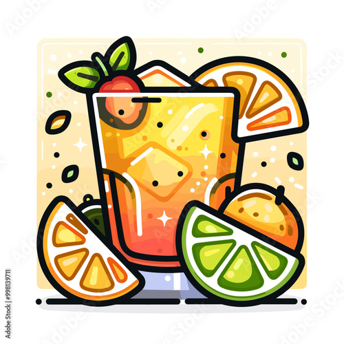 A glass of orange juice with a lime wedge and a strawberry on top