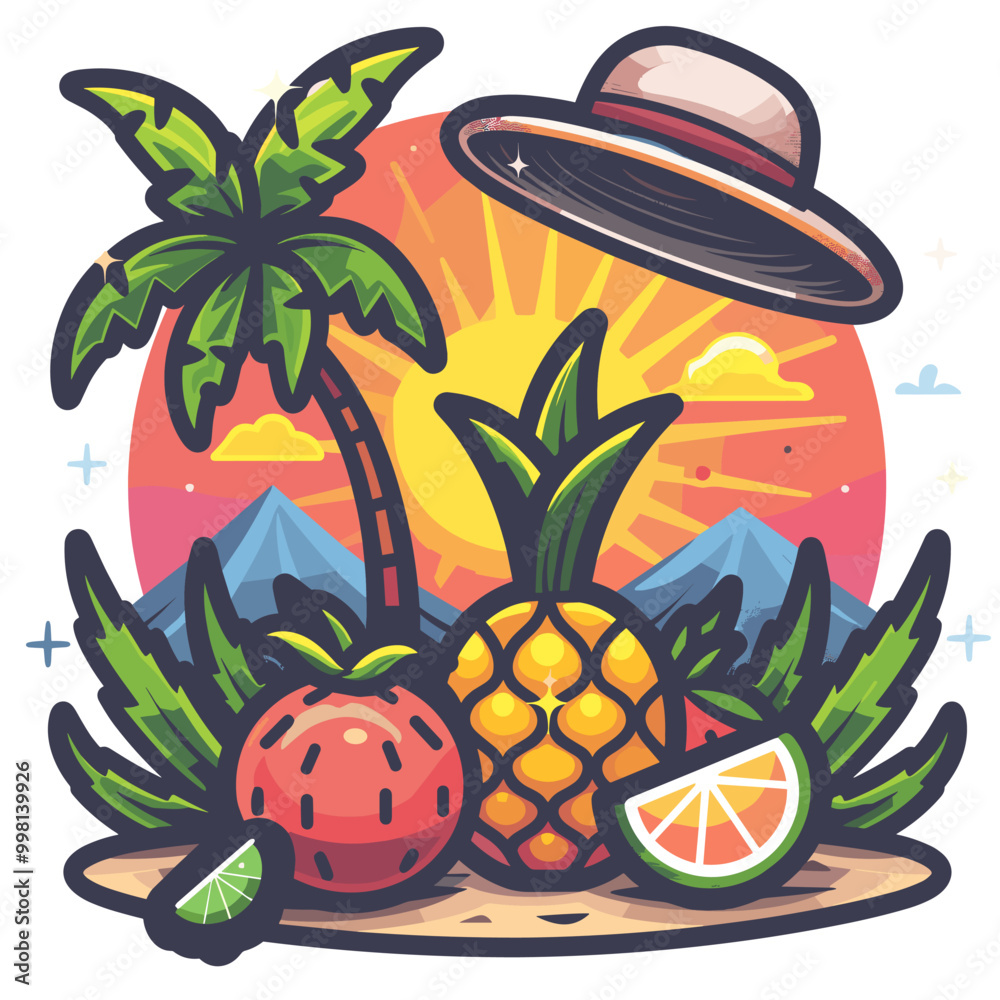 Naklejka premium A tropical scene with a pineapple, orange, and lime on a table. The sun is setting behind the mountains in the background Latino American style