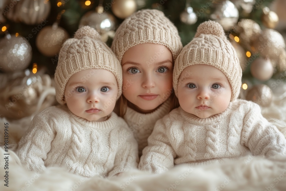 Triplets. Three cute baby triplets in white knitted hats on Christmas tree background.