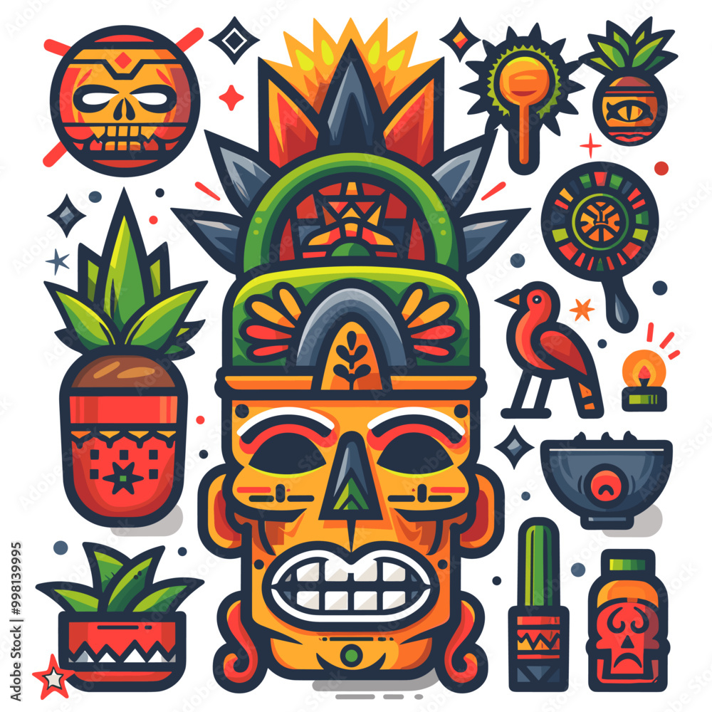 Fototapeta premium A colorful drawing of a man with a skull on his head and a bird on his shoulder