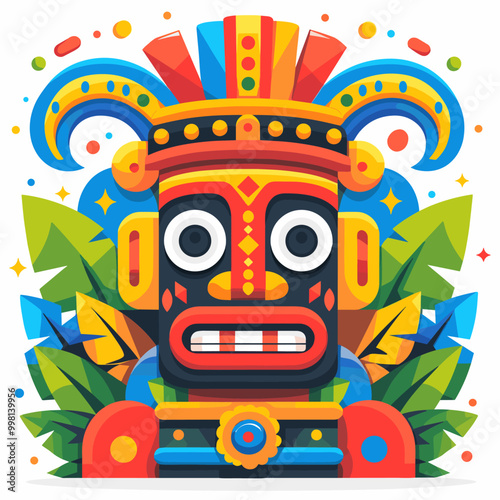 A colorful, cartoonish face with a big nose and a big mouth is surrounded by green leaves Latino American style