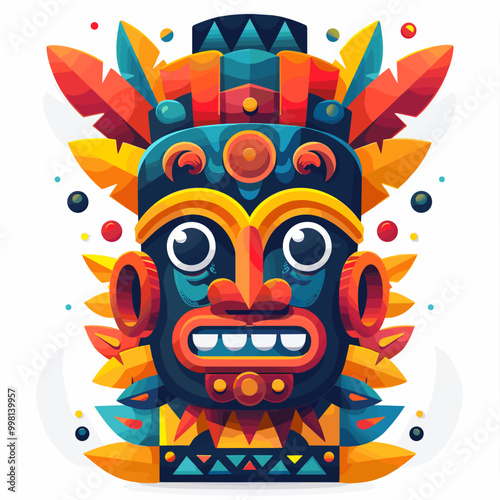 A colorful mask with a smiling face and feathers. The mask is a representation of a tribal figure and is meant to evoke a sense of adventure and excitement Latino American style