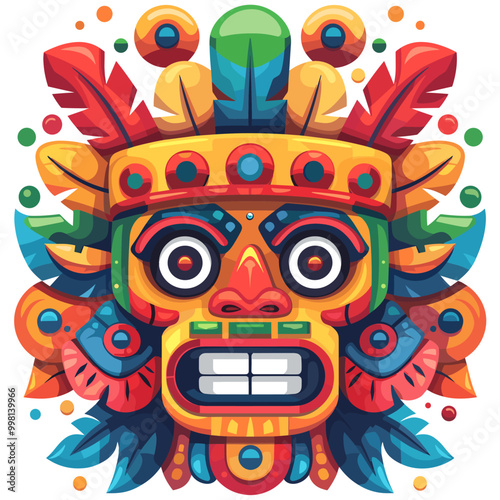 A colorful mask with a smiling face and a frowning mouth. The mask is decorated with feathers and has a crown on top. Scene is cheerful and playful Latino American style