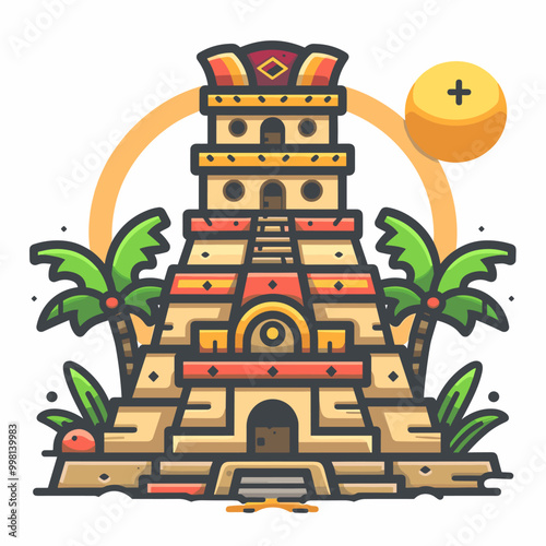 A drawing of a pyramid with palm trees in the background. The drawing is in a style that is reminiscent of a cartoon Latino American style