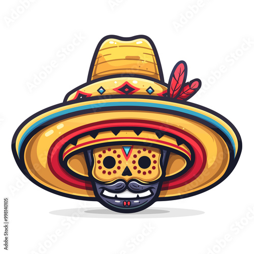 A cartoonish drawing of a man wearing a sombrero with a skull on his face. The skull is smiling and the hat is colorful Latino American style