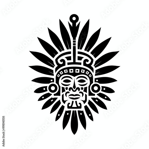 A black and white drawing of a man with a feather headdress