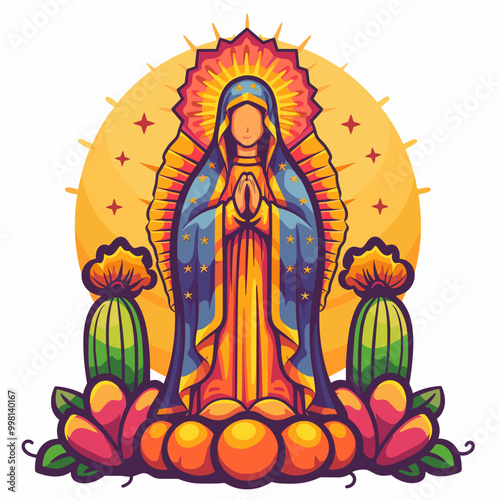 A woman in a blue dress is praying in front of a cactus. The cactus is surrounded by flowers and there are several oranges scattered around the scene Latino American style