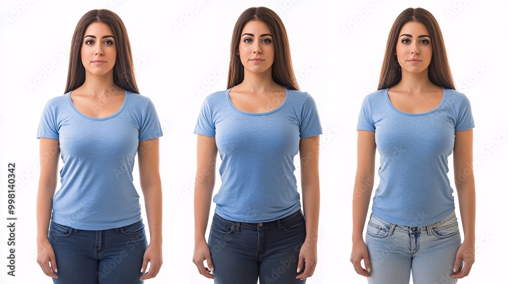 Obraz premium Woman in blue shirt, white isolated background