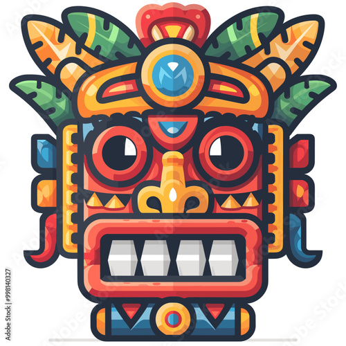 A colorful, cartoonish face with a smiling mouth and a crown on top. The face is surrounded by leaves and has a tribal look to it Latino American style photo