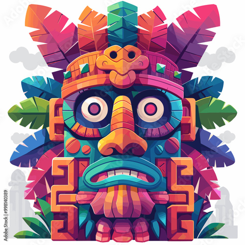 A colorful mask with a frowning face and a feather on top. The mask is surrounded by green leaves and has a blue and yellow design Latino American style