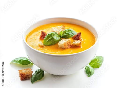 Pumpkin cream soup with croutons and basil on white background