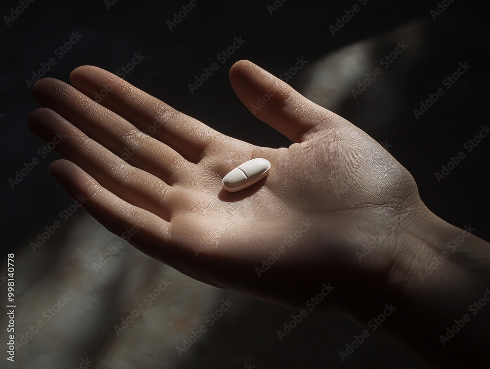 Pill in a hand, dark background isolate Pill in a hand, dark background isolate
