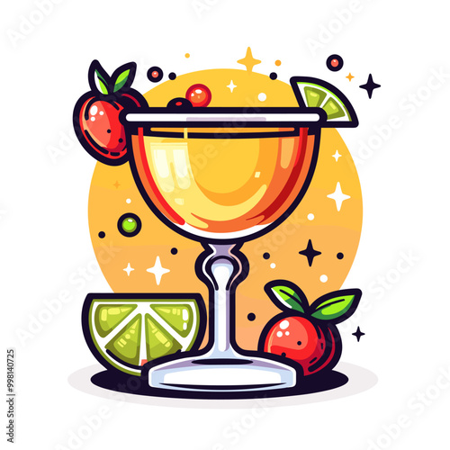 A glass of orange juice with a lime slice and a strawberry on the side. The glass is half full and the drink is in a tall glass Latino American style