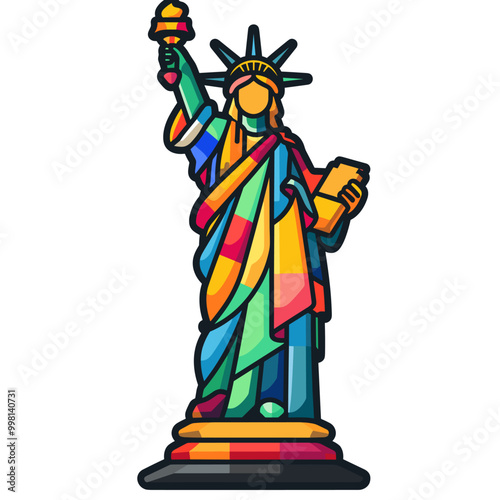 A colorful statue of a woman holding a book. The statue is a symbol of freedom and liberty Latino American style