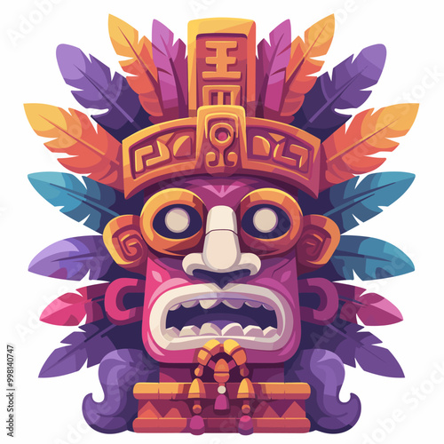 A colorful head with feathers and a mask on it. The mask has a scary look to it Latino American style