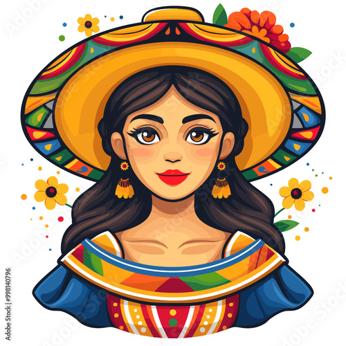 A woman wearing a colorful hat and dress with flowers in the background. The woman is smiling and wearing red lipstick Latino American style