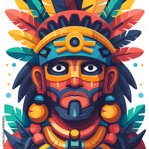A colorful Indian man with a feather headdress and a colorful outfit. The man has a serious expression on his face Latino American style