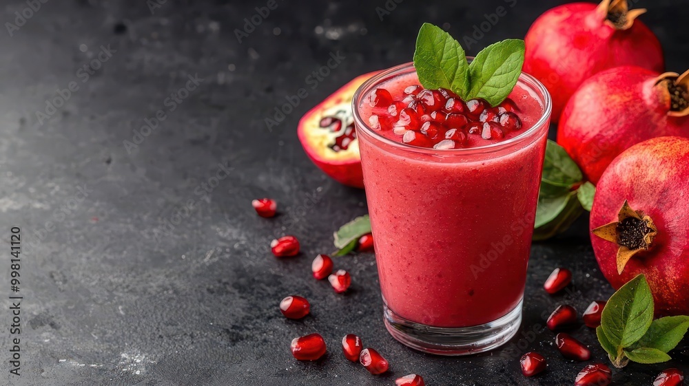 Refreshing pomegranate smoothie in a Shot Glass, with pomegranate seeds on top, surrounded by whole pomegranates and scattered seeds, 3D illustration Refreshing pomegranate smoothie in a Shot Glass, with pomegranate seeds on top, surrounded by whole pomegranates and scattered seeds, 3D illustration