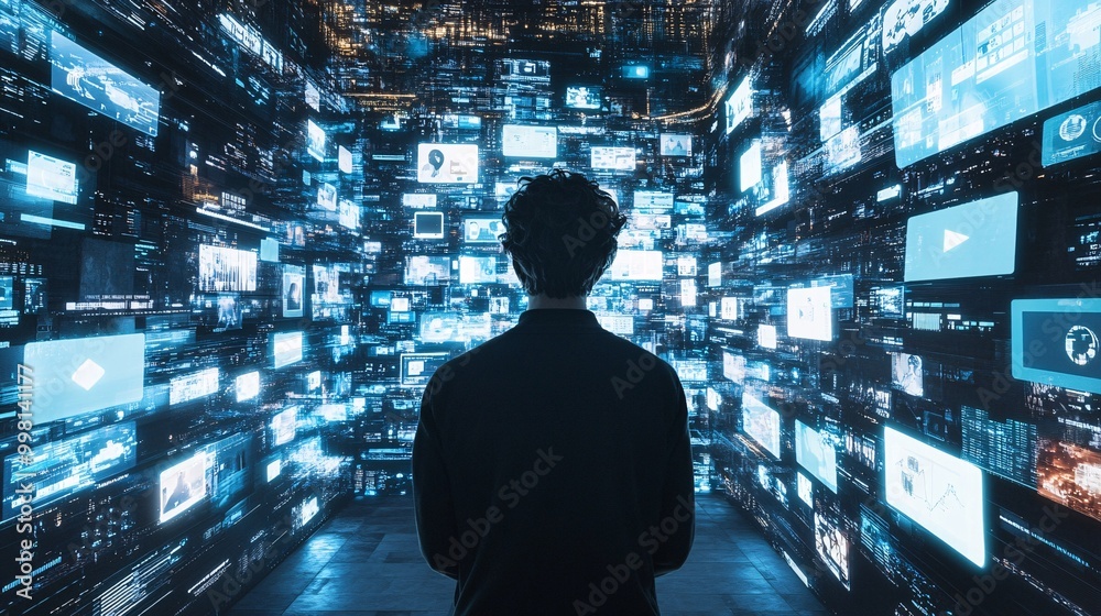 Person observing digital screens display Person observing digital screens display