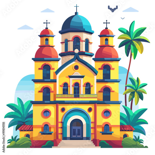 A yellow church with a red roof and a blue dome. The building is surrounded by palm trees Latino American style