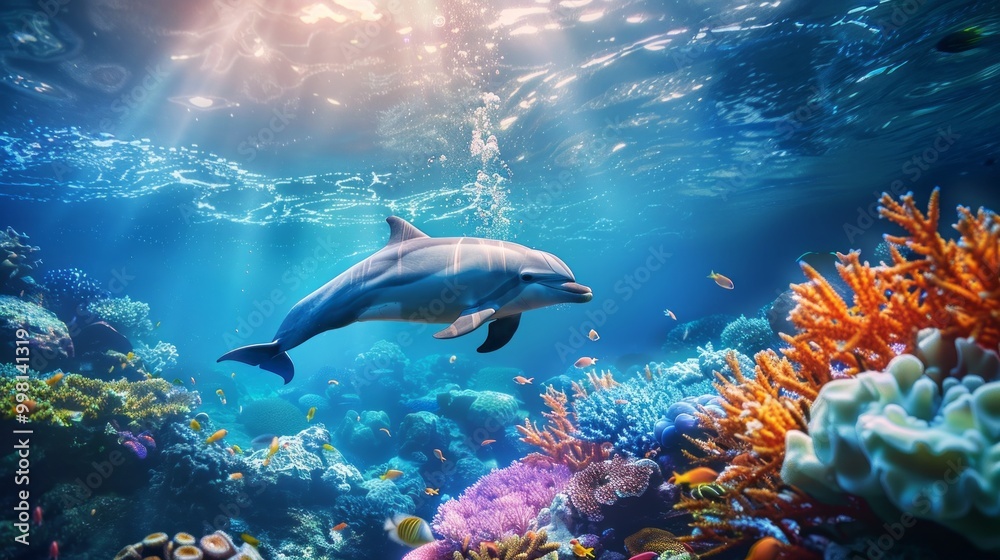 A dolphin swims in the ocean next to a coral reef A dolphin swims in the ocean next to a coral reef