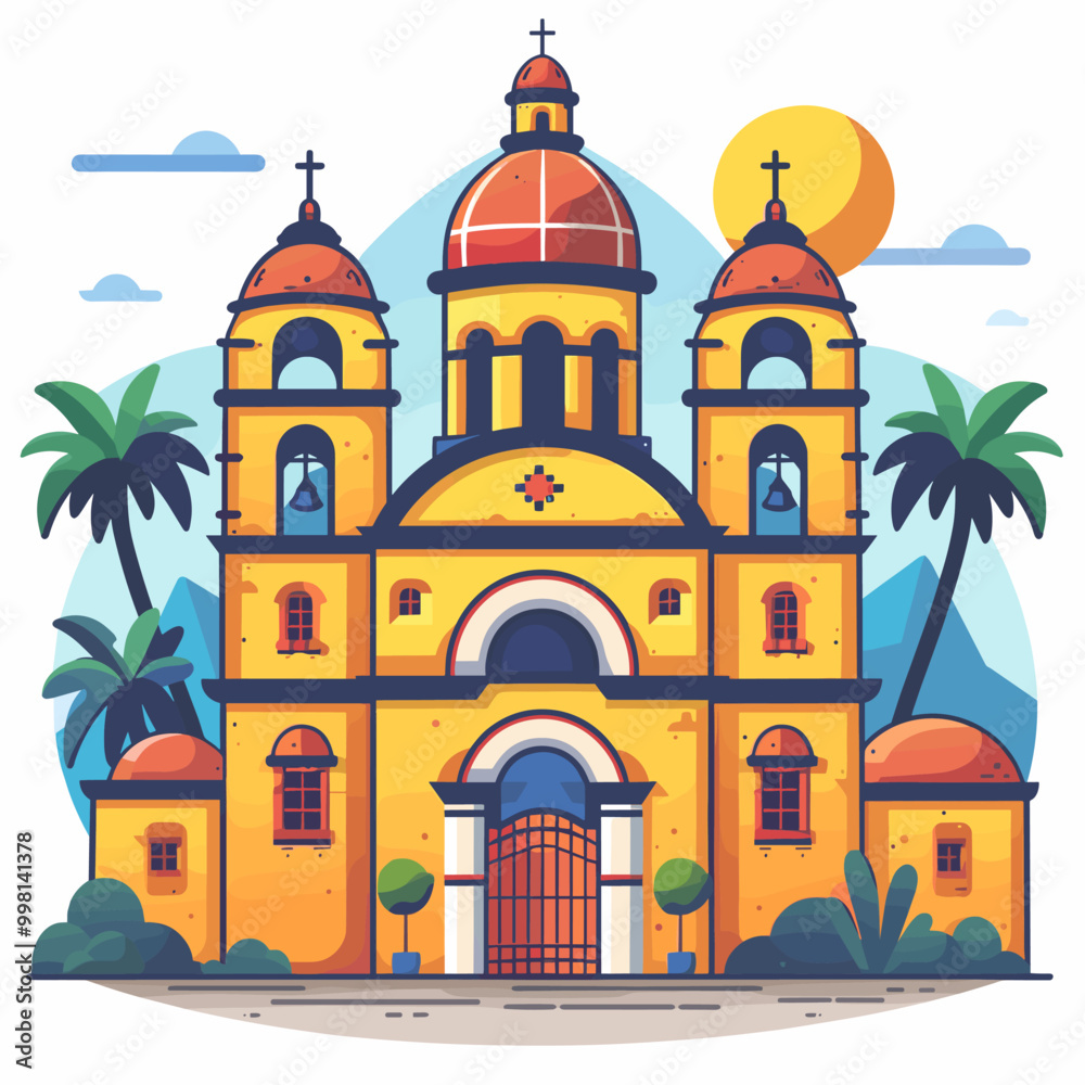 A yellow church with a red roof and a large dome. The church is surrounded by palm trees and mountains Latino American style A yellow church with a red roof and a large dome. The church is surrounded by palm trees and mountains Latino American style