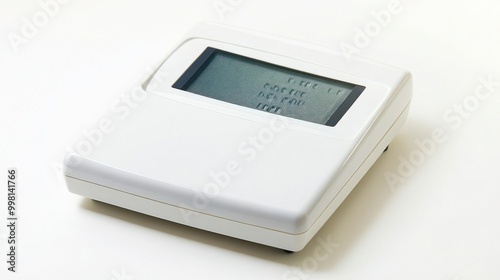 A bathroom scale with a digital display, isolated on a white background