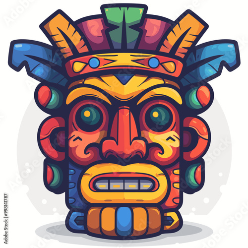 A colorful mask with a frowning face. The mask is made of wood and has feathers on top Latino American style