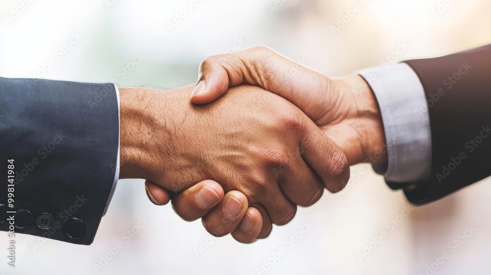 Close-up of two businesspeople shaking hands with documents being exchanged in the background, business trust, sealed deal Close-up of two businesspeople shaking hands with documents being exchanged in the background, business trust, sealed deal