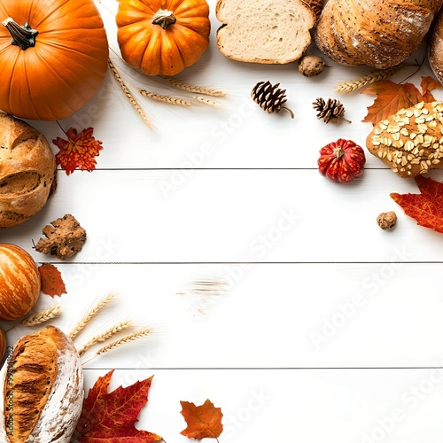 autumn leaves and multicoloured  pumpkins, bread, wheat, on white wooden background. Thanksgiving day card