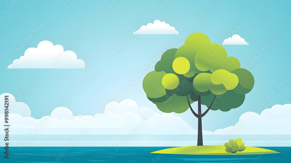 Fototapeta premium Cute Cartoon Tree Smiling Over Water Illustration design
