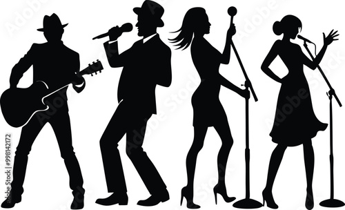 Set of black singer silhouettes, Set of black musicians silhouettes, Musicians vector silhouette set, Singer silhouette vector illustration on black and white.