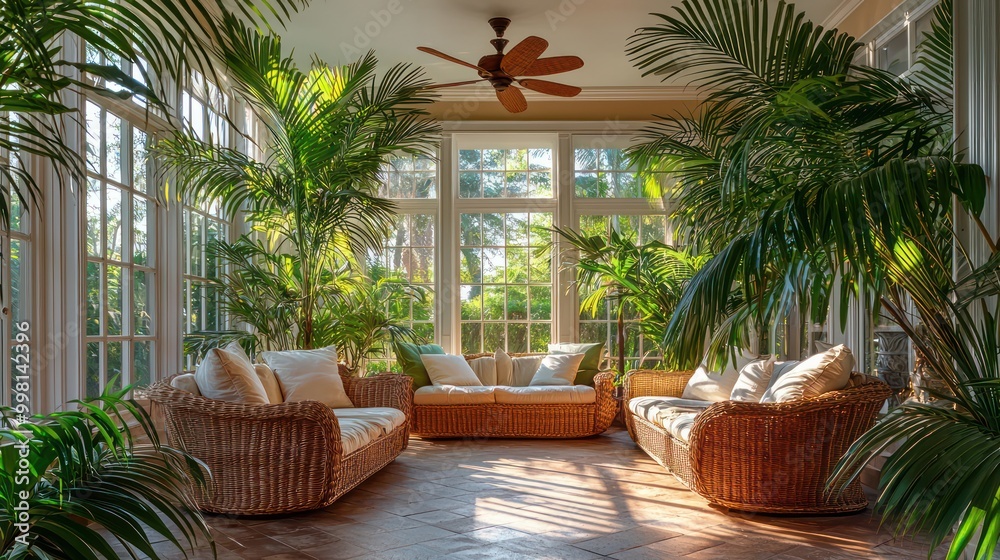 Fototapeta premium A tropical inspired sunroom with large palm trees, wicker furniture, and a ceiling fan to stir the warm air