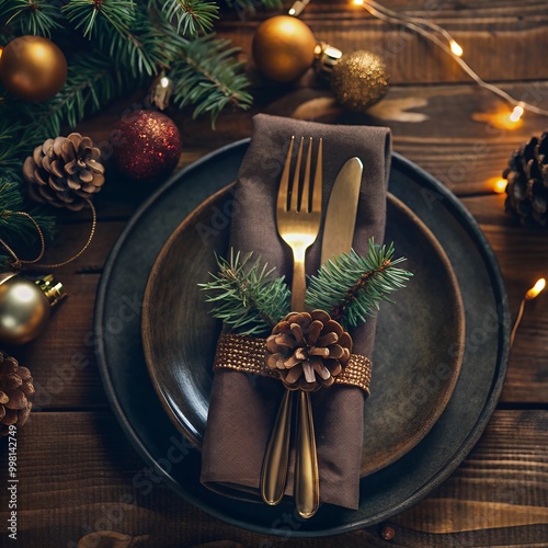 Elegant Holiday Table Setting with Gold Cutlery and Pine Cones on  Cristmas Background with Copy Space