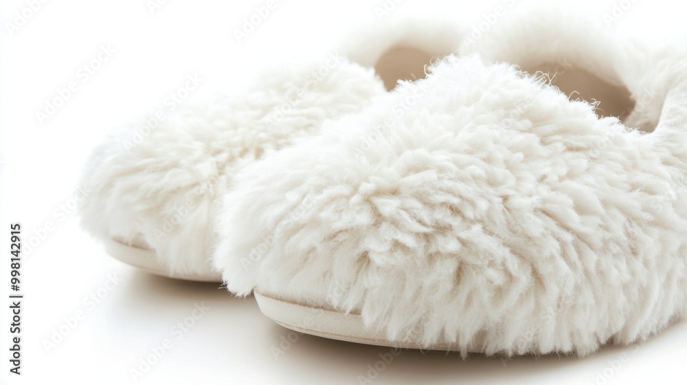 A pair of fluffy white slippers, isolated on a white background A pair of fluffy white slippers, isolated on a white background