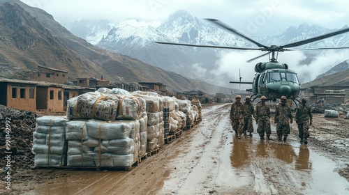 Helicopter and Soldiers in Mountainous Region photo