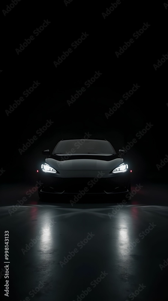 Sports black car in the dark. Black studio background, backlight only from headlights and a slight bloody light Sports black car in the dark. Black studio background, backlight only from headlights and a slight bloody light