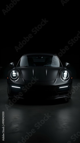 Sports black car in the dark. Black studio background, backlight only from headlights and a slight bloody light