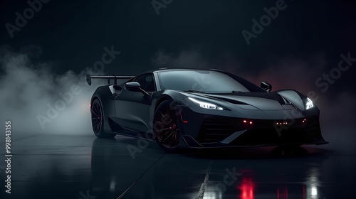 Super sports car with dark background, led lighting, smoke in the background