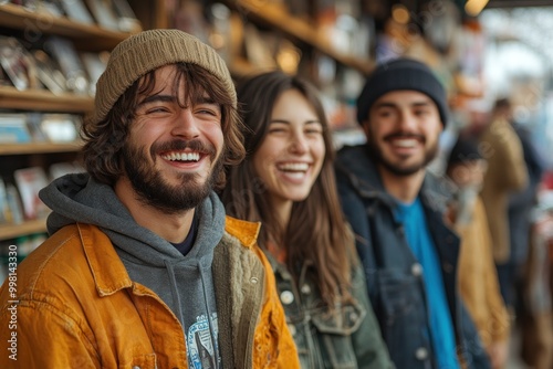 Three young friends laughing together in front of a shop.