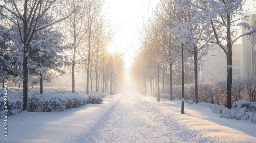 Winter Wonderland: Snowy Pathway with Sunlight Winter Wonderland: Snowy Pathway with Sunlight