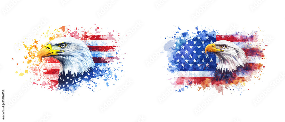 Obraz premium Abstract American flag and eagle head with paint splashes illustration on a white background.
