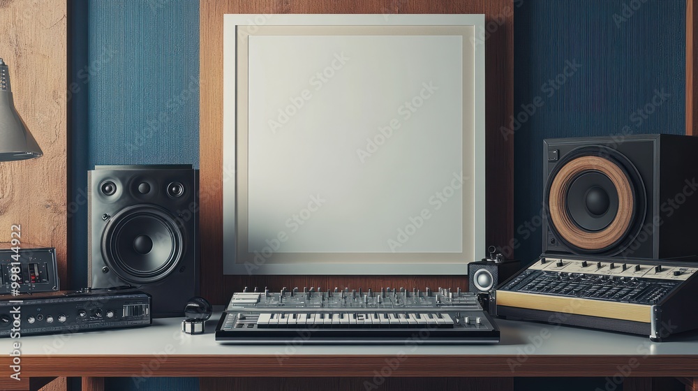Close up white mockup poster frame in a retro music studio is ideal for selling vintage audio equipment. Close up white mockup poster frame in a retro music studio is ideal for selling vintage audio equipment.