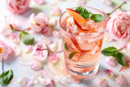 Refreshing Peach Cocktail with Rose Petals and Mint for a Floral Summer Drink Inspiration