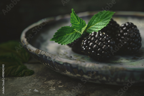 A Beautiful Plate Featuring Fresh Blackberries Adorned with Fragrant Mint Leaves. Generative AI photo