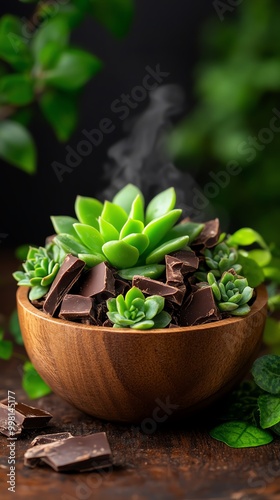 3Dprinted chocolate terrarium with edible succulents photo