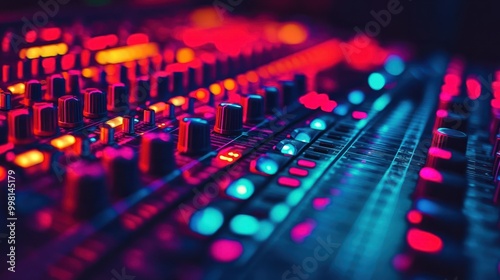 colorful music audio mixing board in closeup of a recording, audio track background in a dark recording, industrial machinery aesthetics, multimedia, selective focus, brightly colored photo