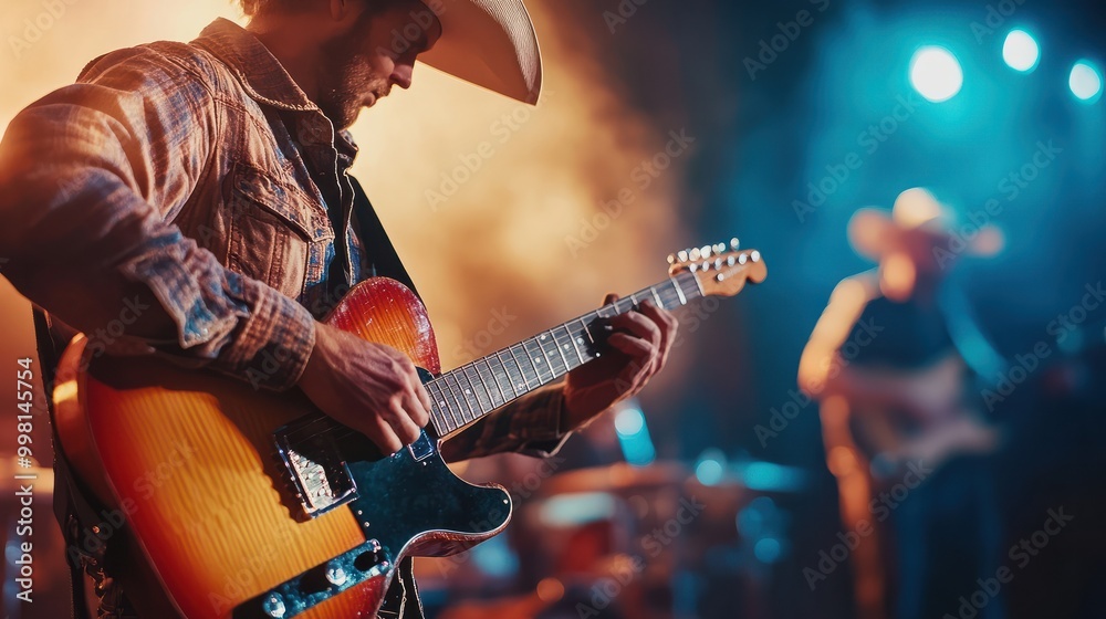 Obraz premium Country music festival with guitarist on stage wearing cowboy hat playing country western music