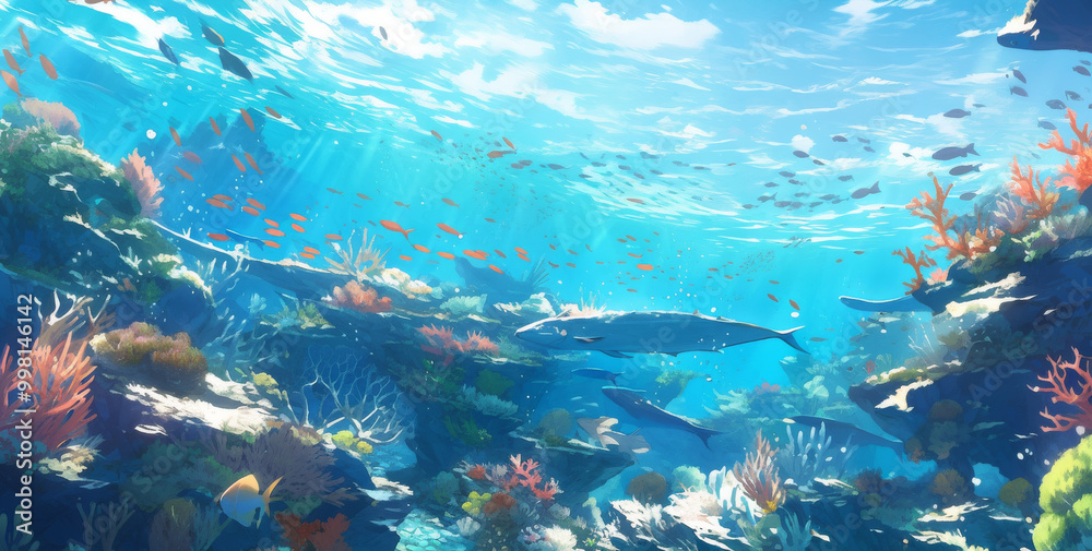 Vibrant underwater scene with coral reefs and diverse marine life Vibrant underwater scene with coral reefs and diverse marine life