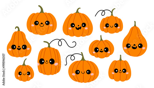 Cute Halloween pumpkin set. Jack O Lantern collection. Halloween pumpkins with faces vector element set. October symbol.